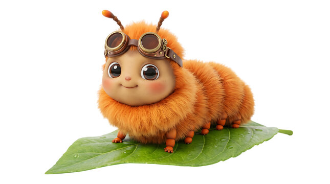 A cute fluffy orange caterpillar wearing steampunk goggles sitting on a green leaf isolated on transparent background