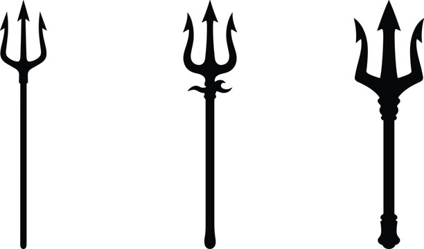 Three black silhouettes of different trident isolated on a white background spear