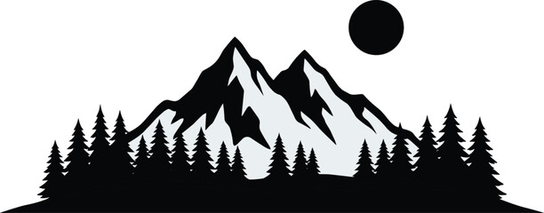 A black and white silhouette of two mountain peaks behind a forest of pine trees and a sun © Aysha