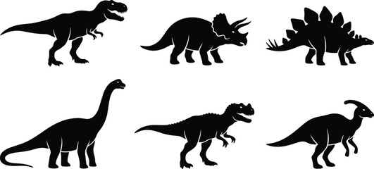 Set of six different dinosaur silhouettes isolated on a plain white background prehistoric © Aysha