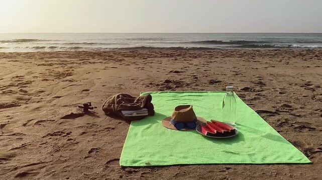 Beach towel spread on golden sand with a book, a plate of freshly cut watermelon, and a bottle of fresh water resting on it, with the sea moving gently in the background, representing summer vacations