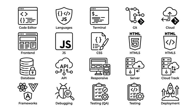 Web development and software engineering line icons set with coding tools, programming languages, database, cloud deployment, and testing symbols.