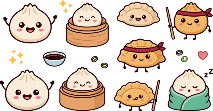 Cute dim sum and dumpling cartoon characters set vector illustration of happy smiling baozi gyoza and wonton mascots for asian food design stickers