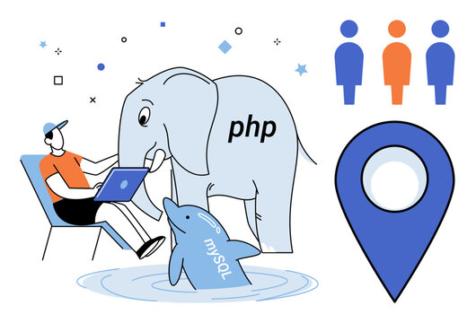 Programmer working on a laptop with PHP elephant and MySQL dolphin mascots vector illustration. Software engineering, database management, web development, coding, backend, technology. Developer