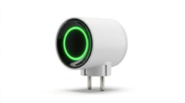 Futuristic smart plug with a circular green indicator light, designed for modern electrical outlets, showcasing a sleek white finish against a plain background