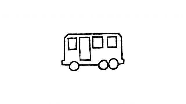 4K hand drawn public bus icon featuring boiling line movement. Frame by frame doodle art on black and green screen backgrounds for transit, city transport, commuter shuttle, and road passenger.