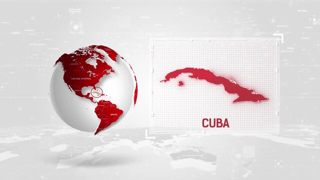 Cuba 4K Tech Map Beside Globe On White Background.