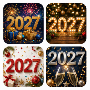 Four festive 2027 celebration icons. Fireworks burst above golden numbers. Warm lights glow on wooden surface. Red glitter text beside ornaments. Champagne glasses clink under starry sky