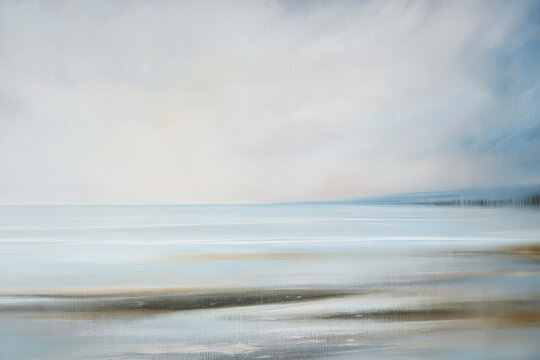 Abstract ocean art painting showing a calm horizontal seascape with smooth strokes and soft colors