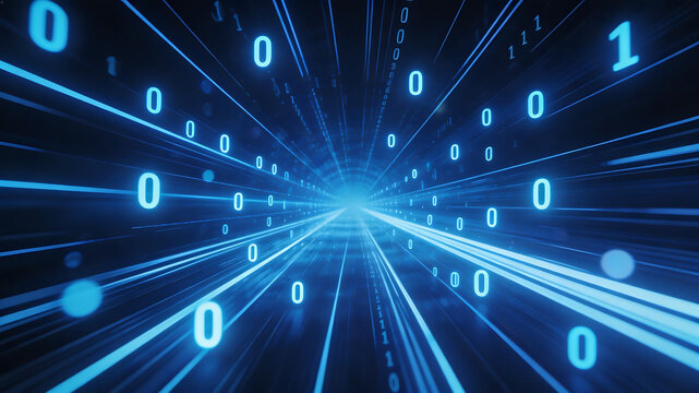 Digital binary tunnel with glowing numbers