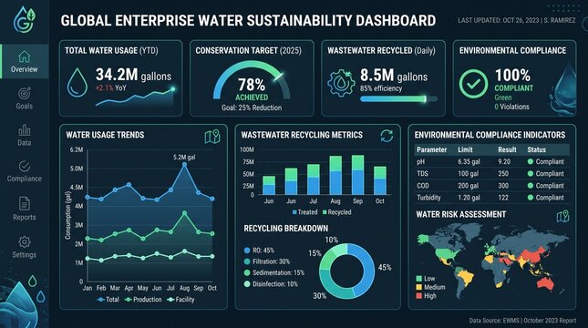 Global enterprise water sustainability dashboard showing usage and conservation targets.