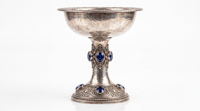 Ornate antique silver chalice featuring embedded blue gemstones and intricate metal detailing presented on white background