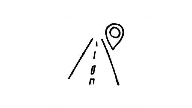 Hand drawn 4K road to destination doodle animation with boiling line effect. Frame by frame outline on black and green screen backgrounds, perfect for highway trip, way forward, and path pin.