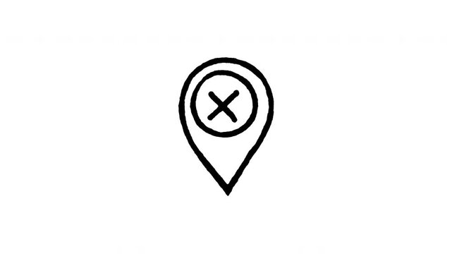 Animated 4K rejected location pin doodle icon. Hand drawn line art on black and green screen chroma key background for cancelled spot, wrong address, destination error, and restricted area edits.