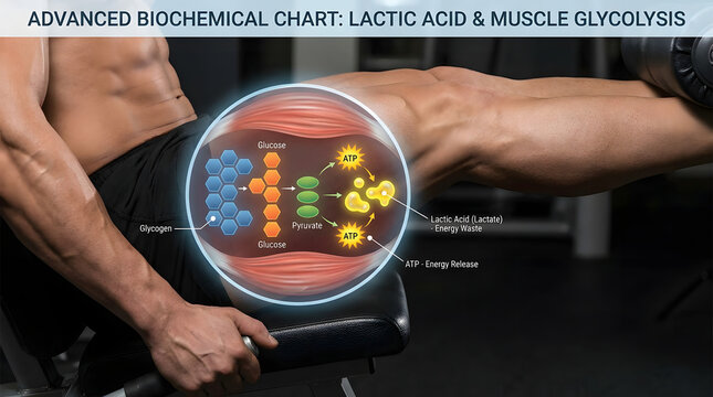 Scientific diagram of athlete quadriceps muscle biochemistry and lactic acid.