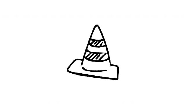 4K animated traffic cone doodle icon featuring boiling line motion. Frame by frame line art on black and green screen chroma key background for roadworks, safety pylon, construction, and alert.