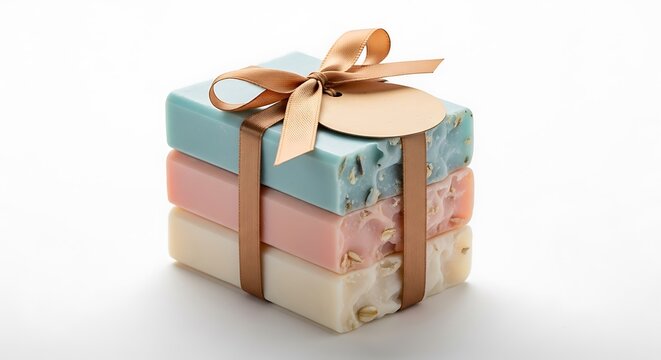 Stack of three handmade artisan soap bars wrapped in a brown ribbon with a blank gift tag isolated on a plain white background