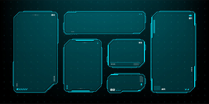 Blue HUD vector graphic frames on digital grid background. Futuristic user interface elements for software design. Cyberpunk screen overlay for game menu and data information display.
