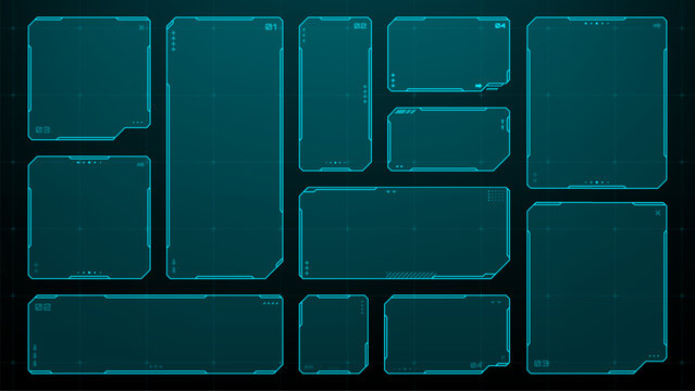 Set of blue hud vector frames for interface design. Futuristic digital dashboard elements for display. Tech window border layout for information system and game graphic overlay.