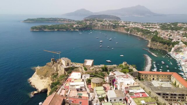 Beautiful aerial view of Procida seaside village and