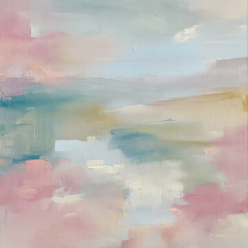 Abstract pastel drawing showing soft brushstrokes of a serene landscape with ethereal colors and texture