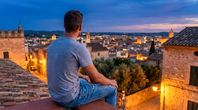 Young man sitting on a rooftop ledge overlooking a historic European town during twilight, enjoying the scenic view of city lights and old architecture under a blue sky