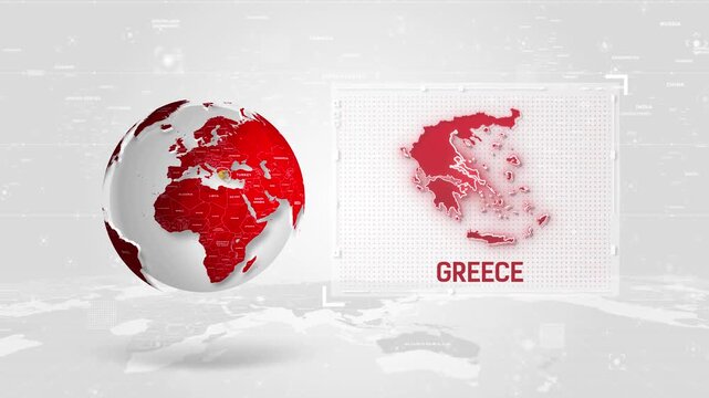Greece 4K Tech Map Beside Globe On White Background.