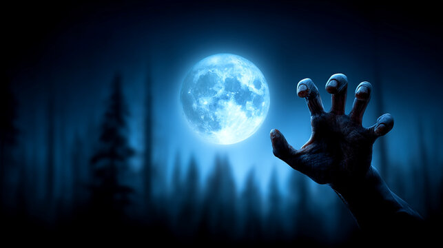 Spooky zombie hand reaching out towards a bright full moon in a dark forest with reaching