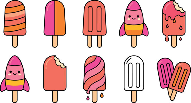Ice pop cartoon collection featuring sweet fruit flavored popsicles on wooden sticks with melting drips and smiling kawaii faces for summer designs.