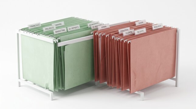 Green and red hanging file folders organized in a desktop rack for business documentation.