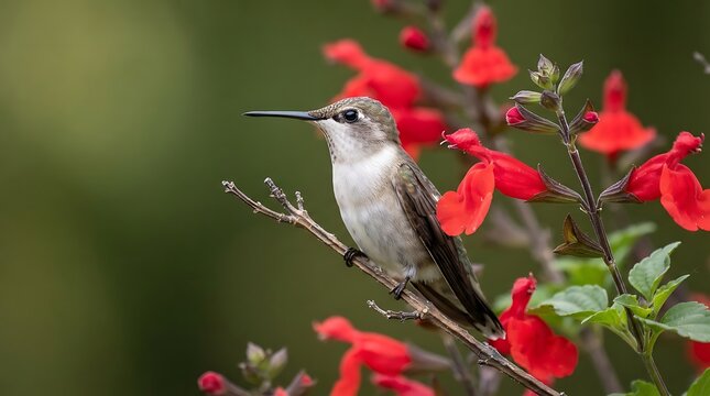 Gray hummingbird feeding on bright red flowers in nature