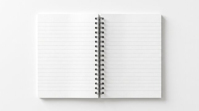 An open lined spiral notebook lies flat on a clean white background for notes.