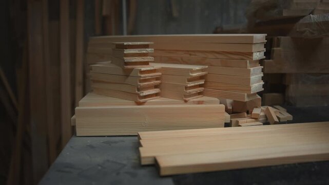 Stacks of machined softwood boards with tongue and groove edges on workshop bench, low eye level view with soft side lighting, shallow depth of field, and scattered offcuts