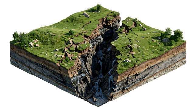 Detailed 3D cross section of earth showing geological strata and deep chasm isolated