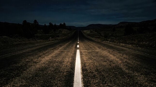 Empty asphalt road stretching into the dark horizon at night