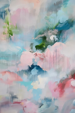 Abstract painting featuring soft pastel clouds, expressive brushstrokes creating a dreamy, ethereal texture with color drips