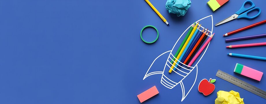 Creative rocket ship made from colorful school supplies on a blue background with copy space