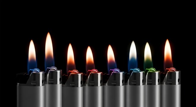 Row of colorful plastic cigarette lighters burning with bright fire flames against a dark background