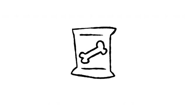 4K animated dog food bag doodle icon. Frame by frame line art on black and green screen chroma key background for canine nutrition, pet kibble, bone treat, and animal shop product edits.
