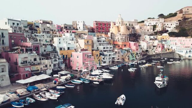 Majestic drone view of Procida old town on sunny summer day