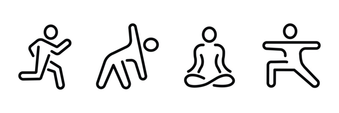 Yoga and fitness line icons set. Collection of minimalist line icons featuring yoga, meditation, stretching, and fitness poses.