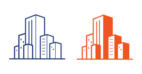 Obraz premium Modern city building logo set. Minimal modern city building logo set featuring blue and orange urban skyline illustrations.