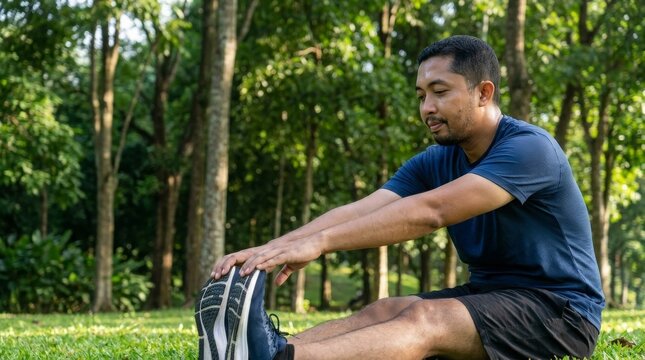Asian man stretching legs in park. Male athlete doing warm up exercises on green grass.