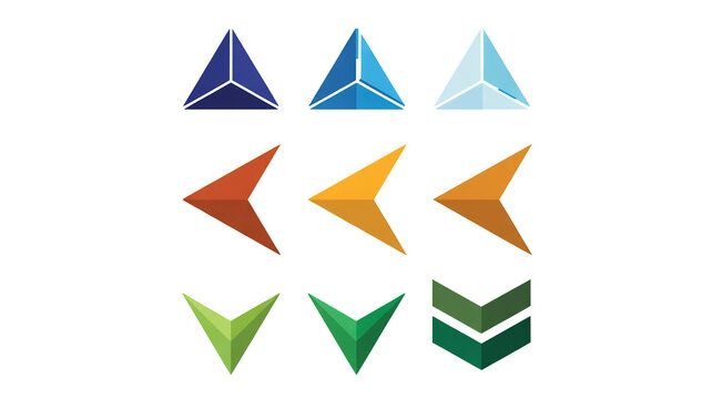 Geometric abstract logo collection featuring colorful folded triangular shapes and chevron symbols in blue, orange, green and white