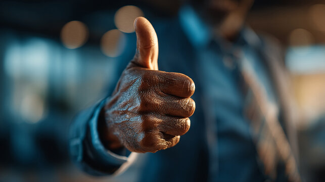 Businessman wearing a suit giving a thumbs-up gesture in an office environment with thumbs
