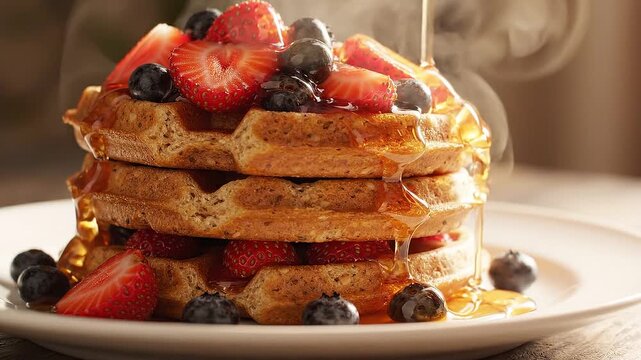 Syrup pouring over stacked waffle with fresh strawberry and blueberry. Breakfast food serving process. Delicious meal preparation for healthy morning diet concept.