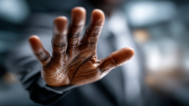 Close-up view of a dark-skinned hand showing an open palm stop gesture as a warning