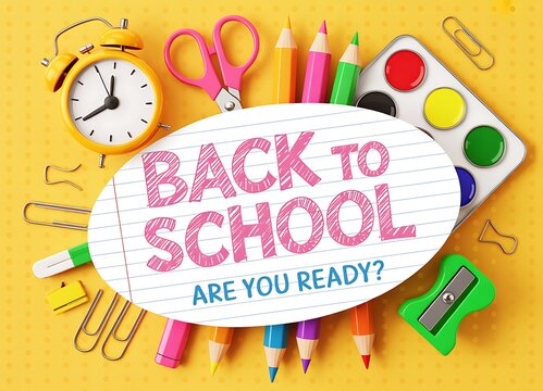 Back to school concept with colorful stationery supplies and alarm clock on a bright yellow background