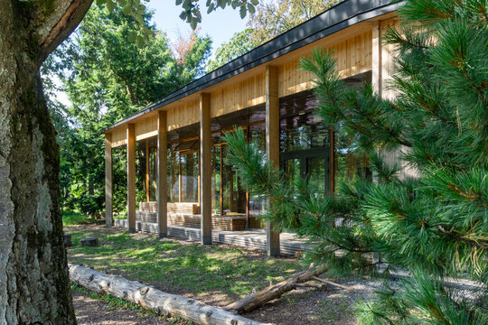 Modern wooden building with glass facade in forest