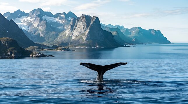 Humpback whale tail breaching in icy fjord waters with snow covered mountains